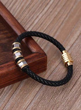 跨境不锈钢首饰皮革编织手镯不锈钢皮手链简约潮流皮手环男士