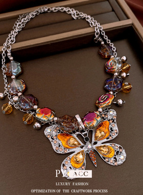 中古vintage镶钻蝴蝶花朵项链夸张复古高级感锁骨链轻奢小众饰品