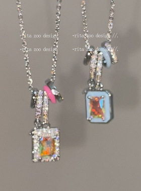 彩色小冰糖～芭比极光日落彩虹糖滴油彩锆设计感项链毛衣链