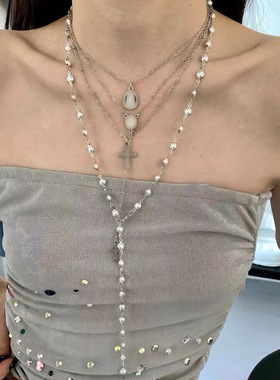 欧美多层叠戴十字架项链女小众轻奢高级感金属冷淡风锁骨链配饰