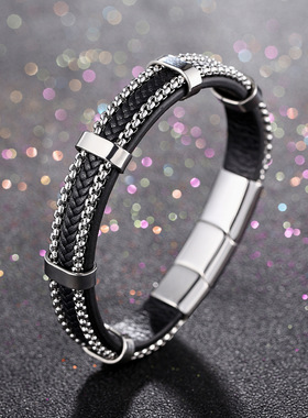 跨境专供 不锈钢皮手链个性钢链多层编织男士皮革手镯饰品批发