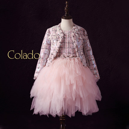 Colado儿童礼服高端小香风主持人女童生日公主裙外套花童粉色礼裙