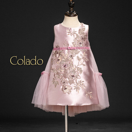 Colado扣诺女童粉色宝宝周岁礼服女生日宴公主裙儿童走秀旗袍定制