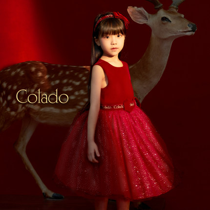 Colado扣诺红色高端定制儿童走秀礼服小主持人女童周岁服公主裙