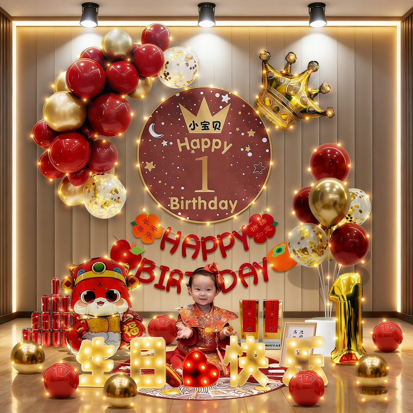 抓周用品一周岁KT板套装龙宝宝小男女孩生日布置气球网红背景道具