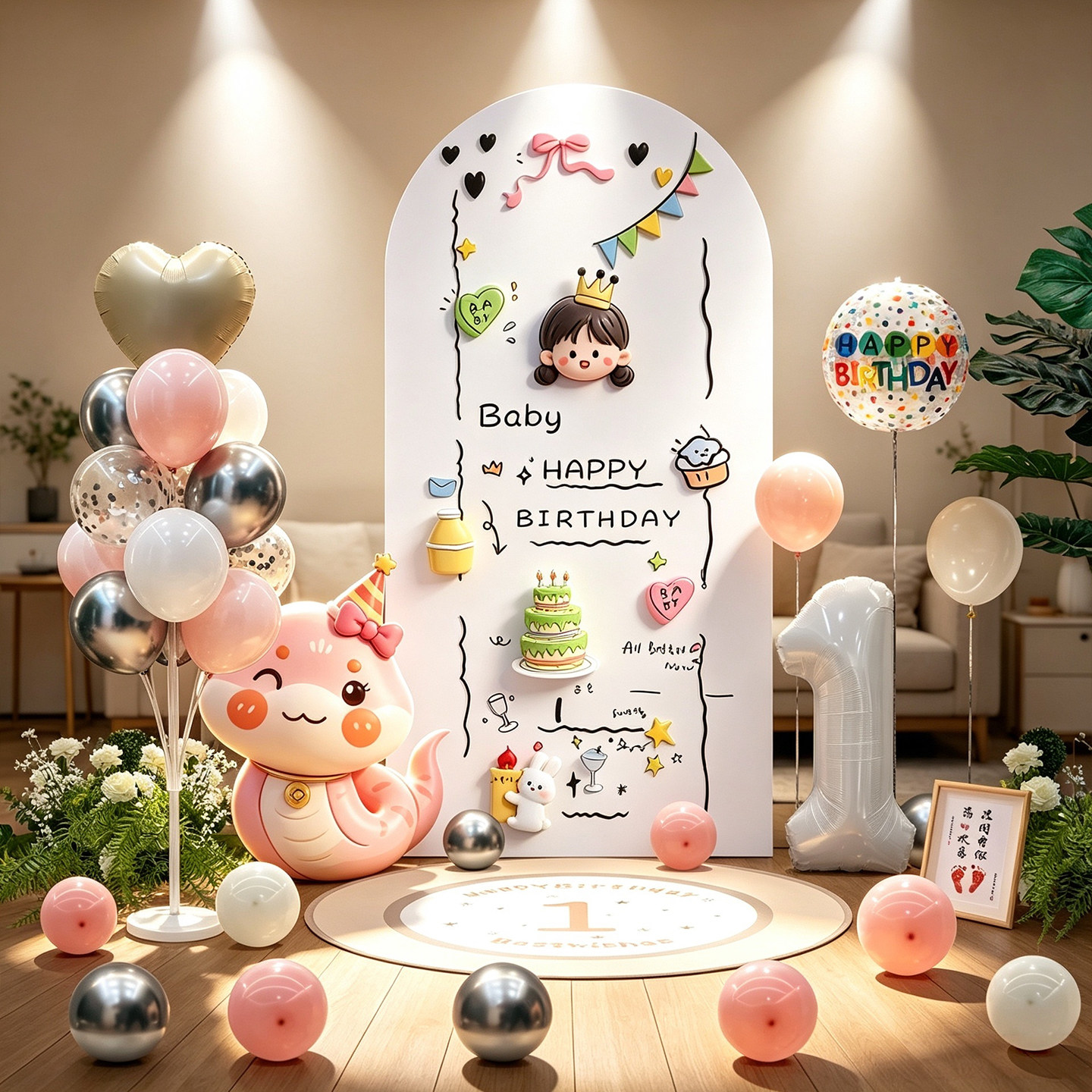 蛇宝宝过一周岁宴生日布置场景氛围感装饰男女孩抓周礼背景墙kt板