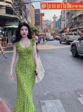 Rosselora【绿野仙踪】设计绿色蕾丝吊带连衣裙显白高腰长裙