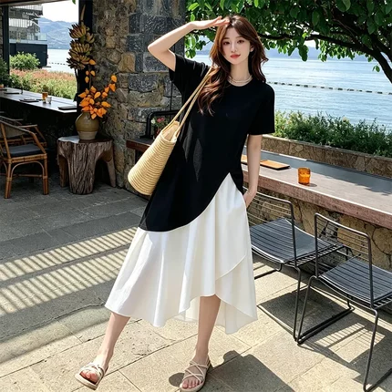 法式简约拼接撞色假两件连衣裙女夏季小众设计感不规则短袖中长裙