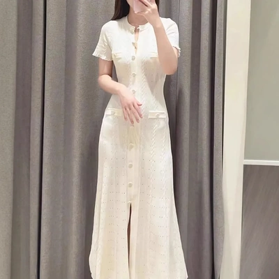 温柔风 纯元S家新款秋轻奢针织大衣木耳边连衣裙初恋镂空长款长裙