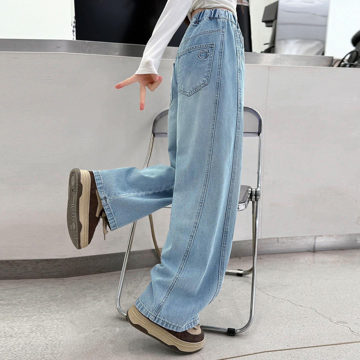 牛仔裤浅色童装阔腿早女童新款加长蓝色春季中大童裤子2026女孩儿