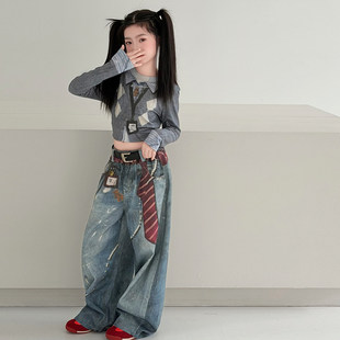 裤大儿童印花裤牛仔裤阔女童酷街舞春装宽松早美式腿女孩春潮直筒