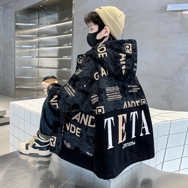 男童款秋冬外套新款2024冬季加绒加厚大男孩中长款棉衣儿童派克服