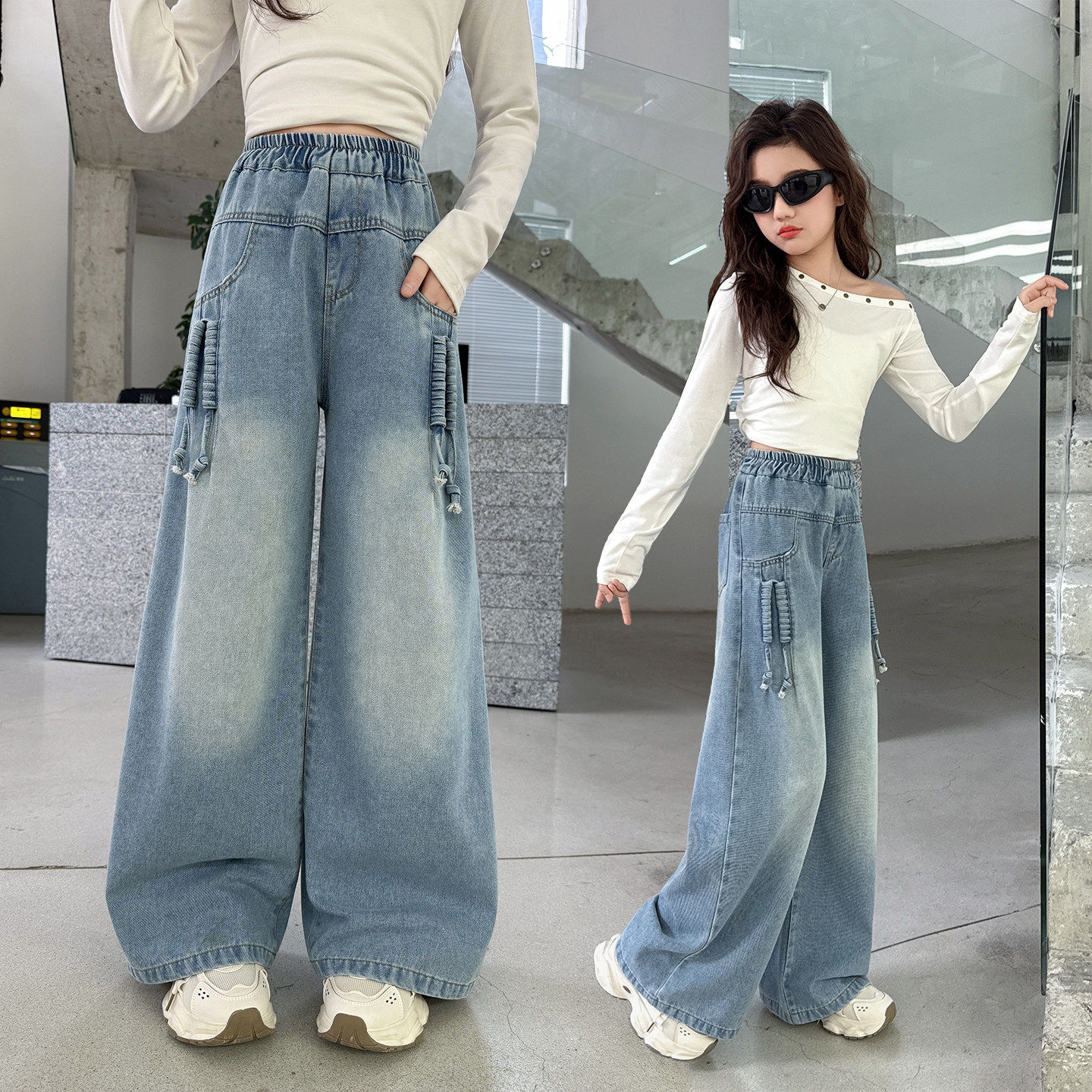 女童阔腿裤2026新款童女穿绳儿童时尚春装中大时髦裤子洋气牛仔裤