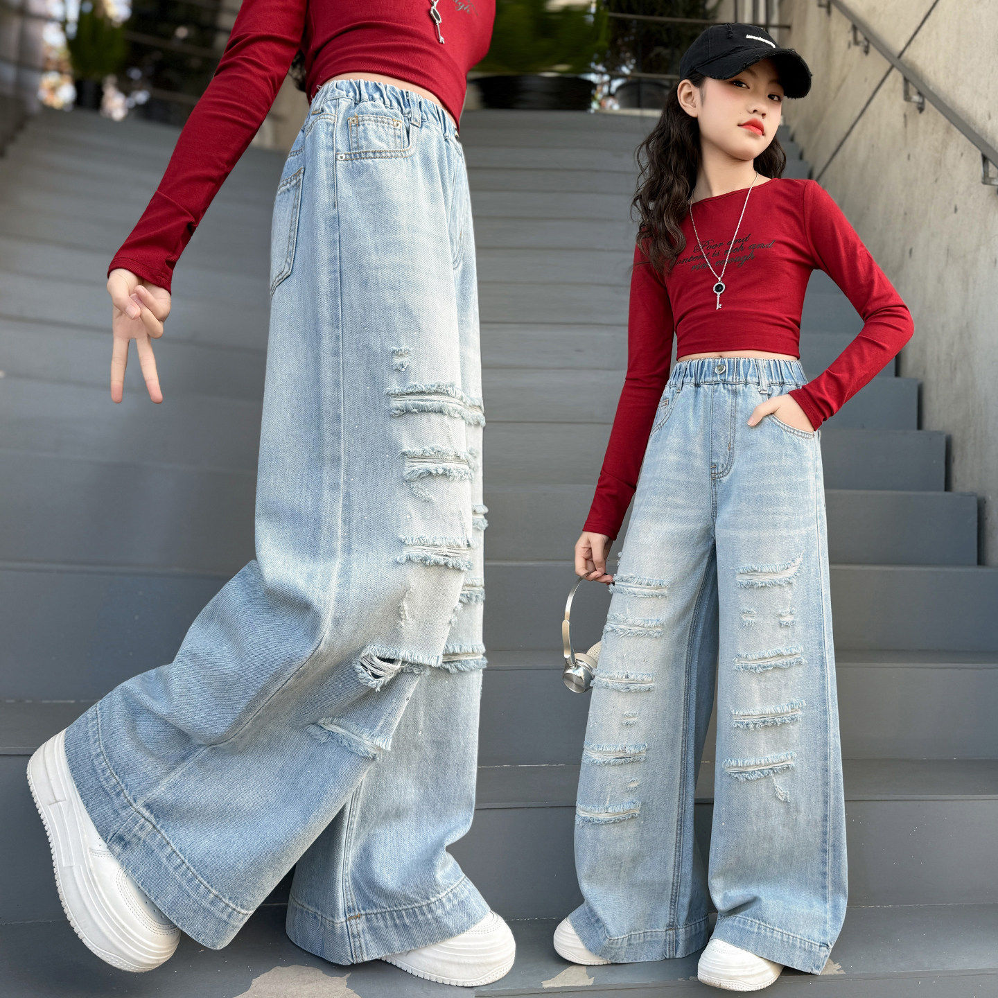新款牛仔裤女童2026直筒洋派宽裤破洞长裤腰宽松女孩中大童松紧