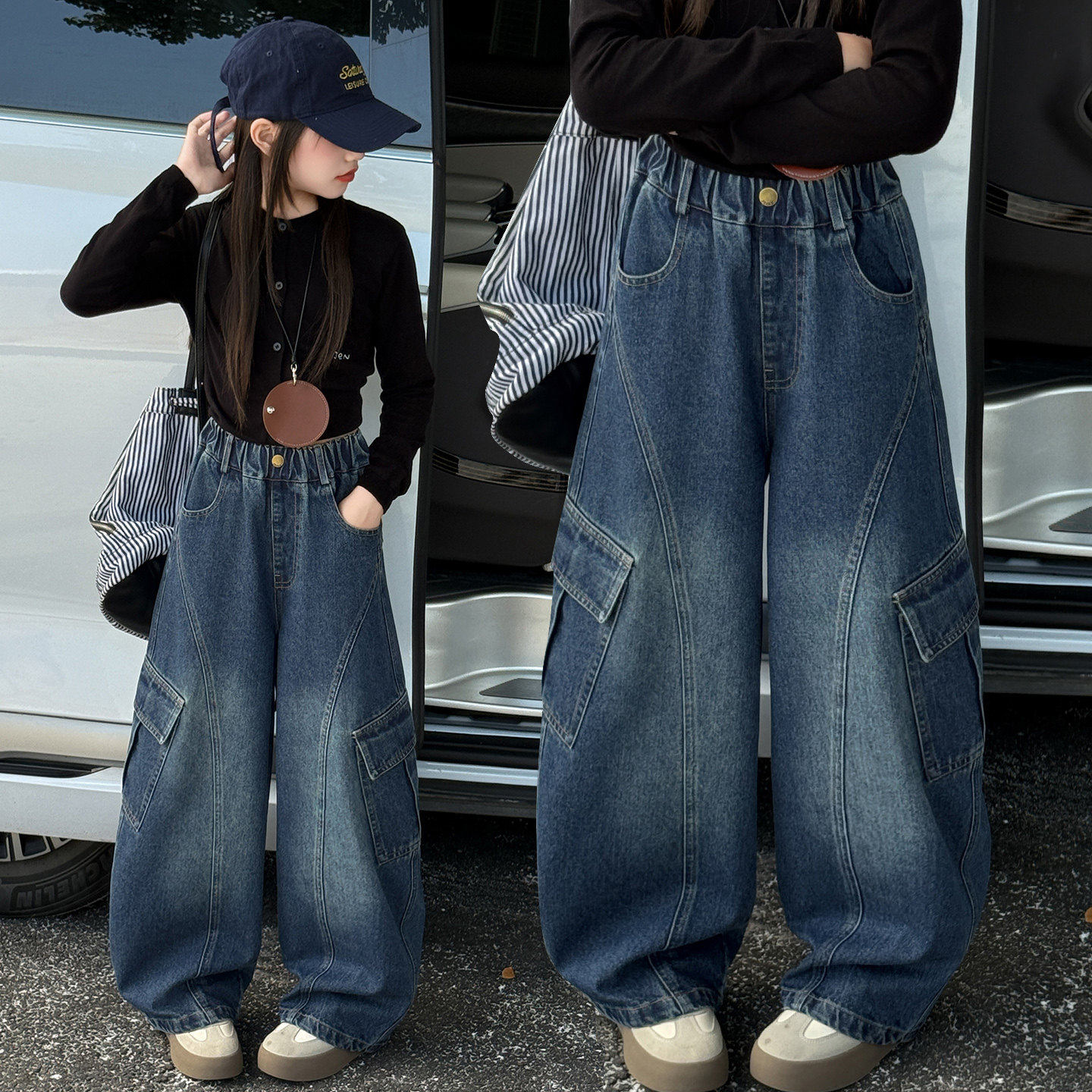 加绒网红裤子一体阔腿牛仔裤裤大童套装秋冬绒长裤弯刀女童儿童外