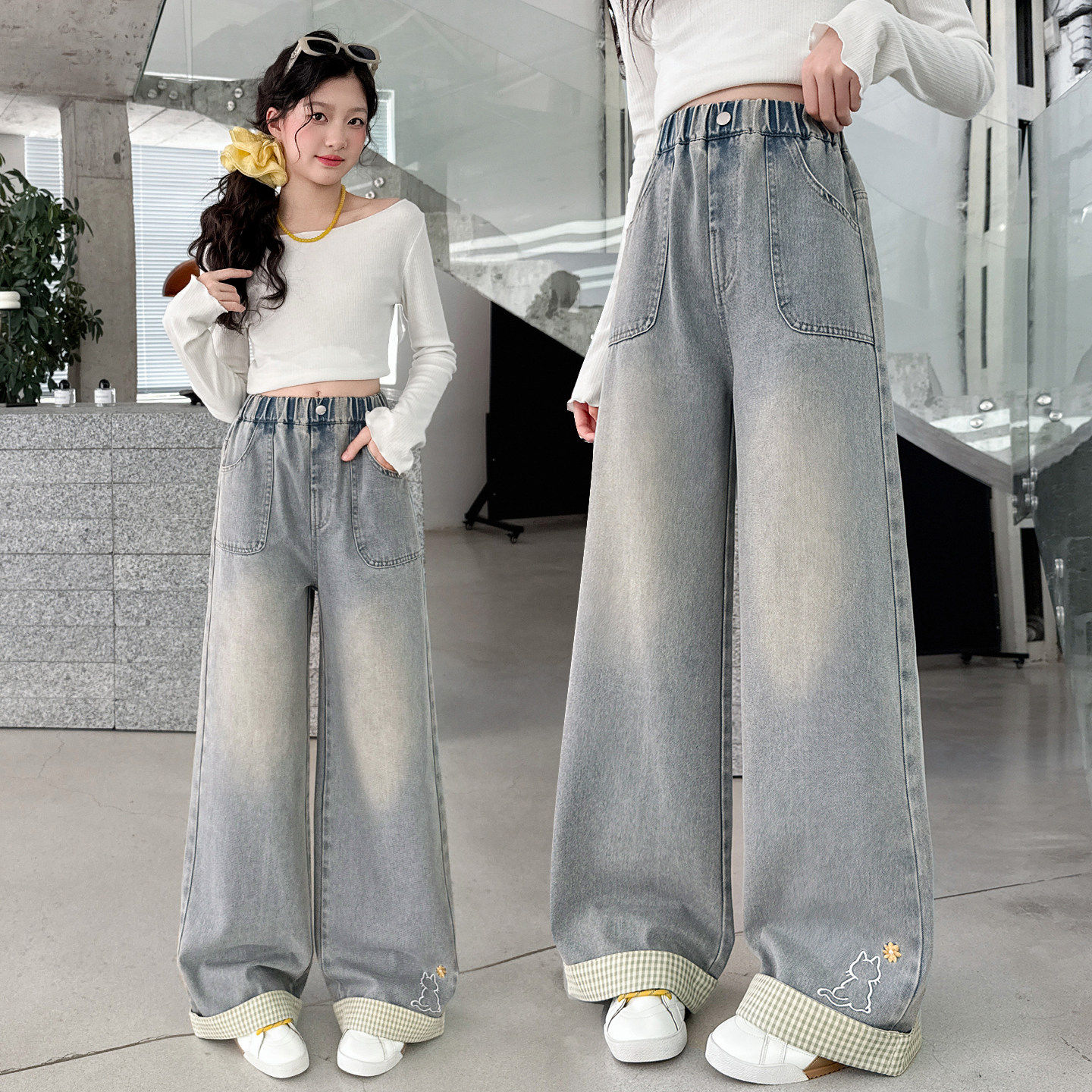 大童阔腿裤裤子宽松韩版百春款女童搭春秋休闲春装牛仔裤直筒儿童