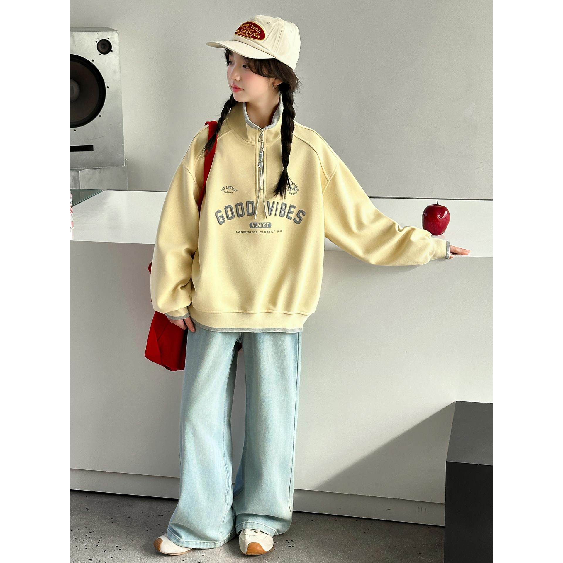 卫衣牛仔裤2026拉链两件套春装新款儿童半中大童套装童装女童春秋