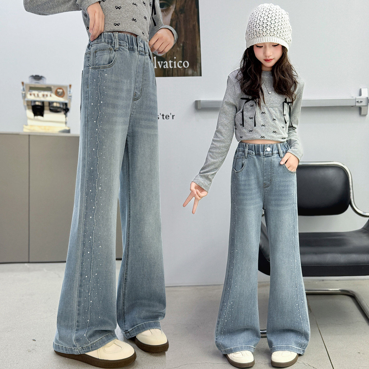 女童牛仔裤裤子款烫儿童女大童微喇春装喇叭裤修身韩版春季春秋钻