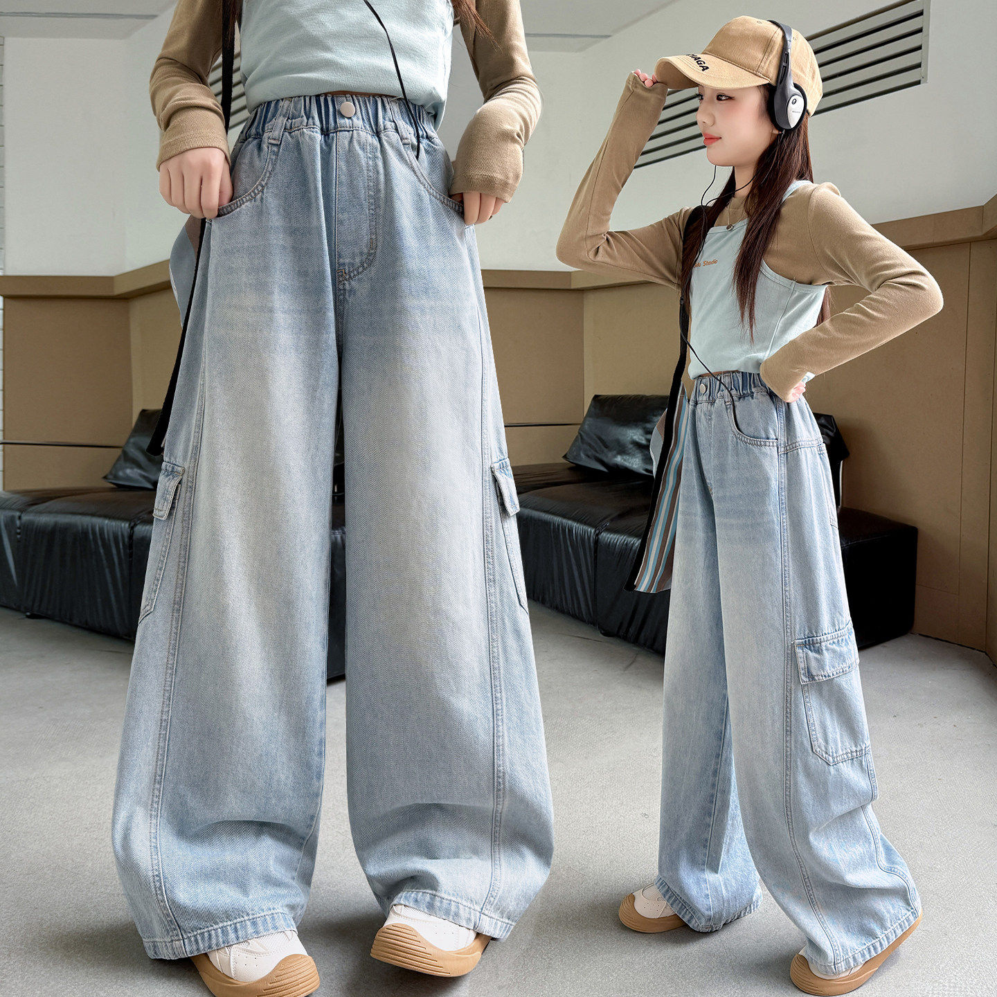 学生阔腿裤时尚牛仔宽松儿童女孩裤子工装裤中大童春季春秋装女童