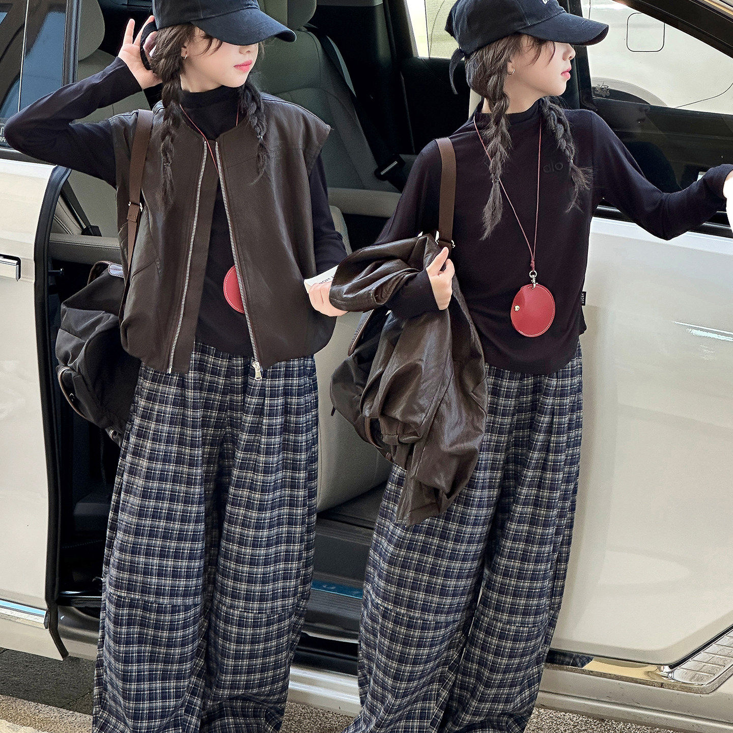 春秋皮衣新款2025洋气马甲大童三件套打底女童秋冬套装裤子衫儿童