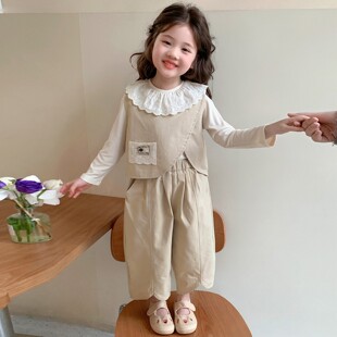 款好看2026春装时髦女宝花边套装三件套女童春秋洋气领儿童超森系