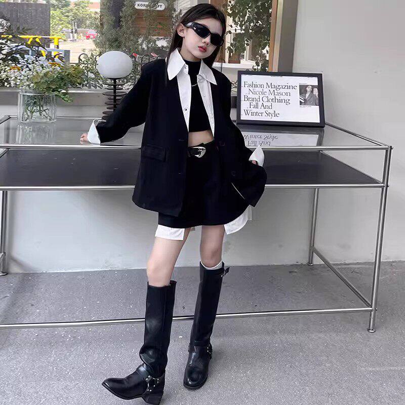 西服高腰休闲套装西装女童拼接半身裙假上衣裤两件套两件时尚秋季