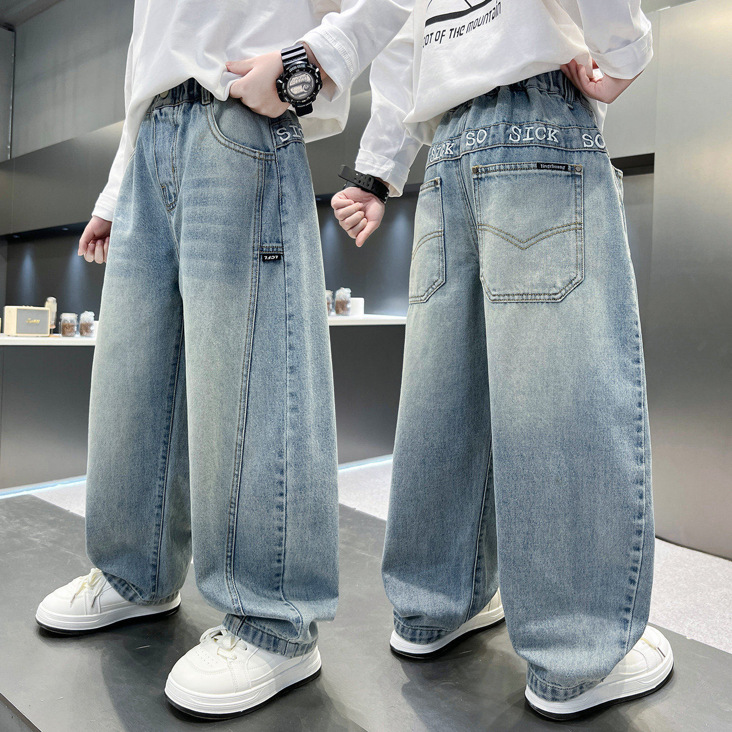 新款牛仔裤弯刀长裤中大童春秋儿童宽松潮酷裤子2026男童春装阔腿