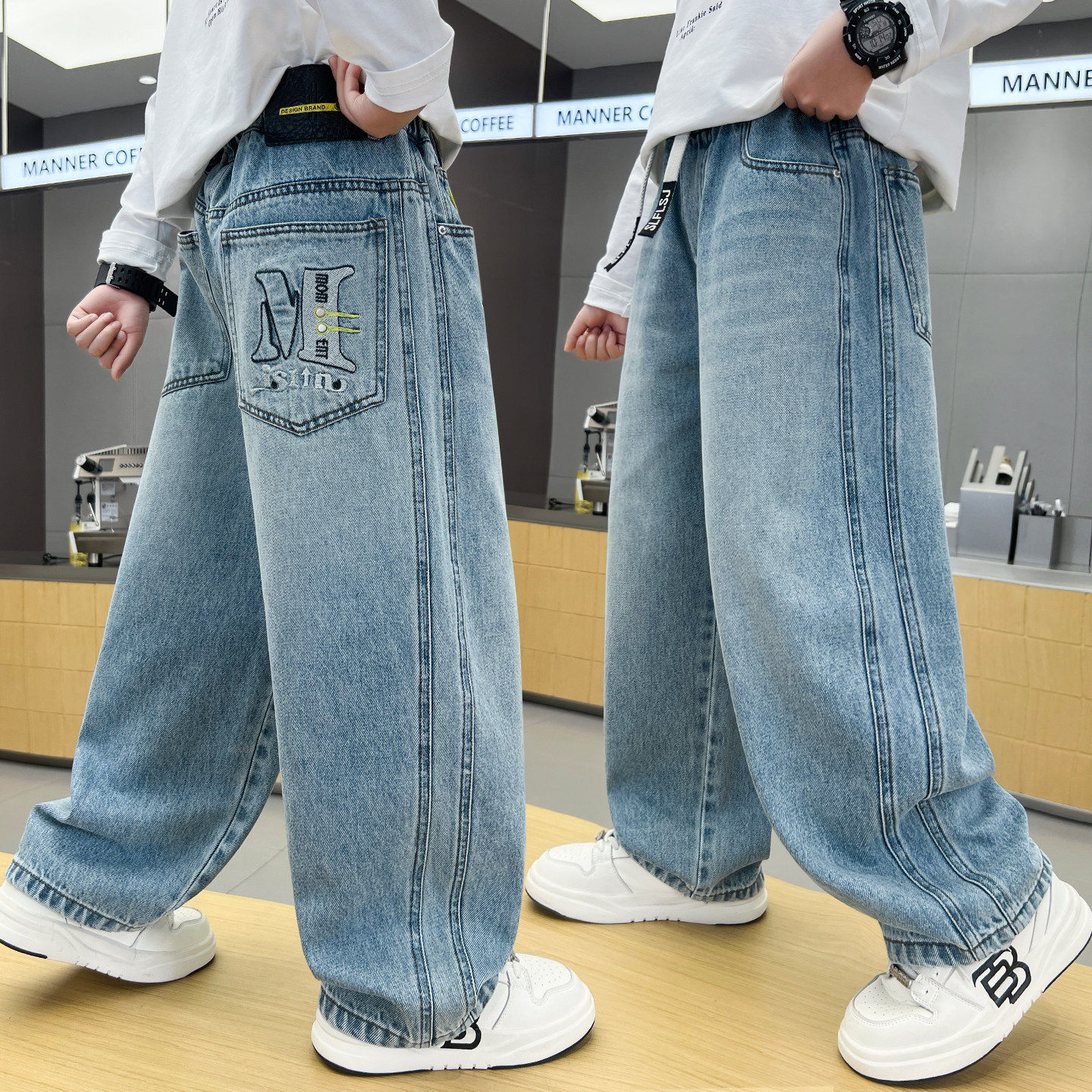 男孩春秋新款阔腿牛仔裤中大童儿童男童春装2026宽松长裤潮酷直筒