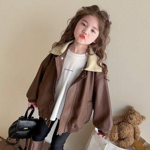 外套春装 休闲好看春秋 2026拼色女童皮衣超女儿童宝宝洋气上衣款
