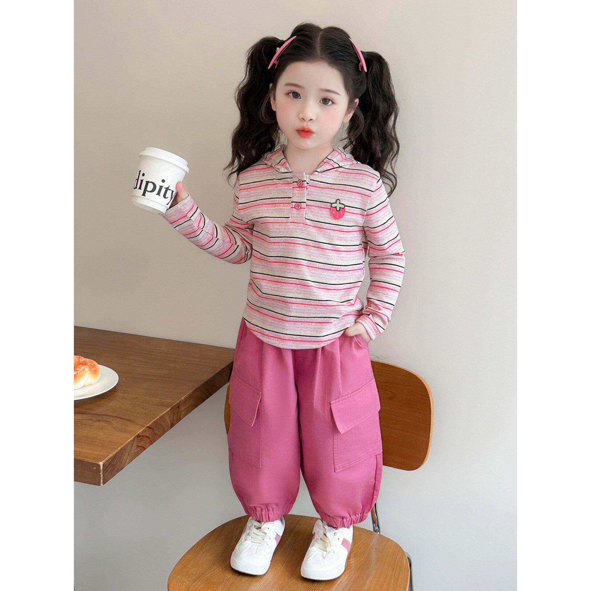 女童好看儿童超春装套装时髦连帽工装裤宝宝女条纹上衣款春秋2026