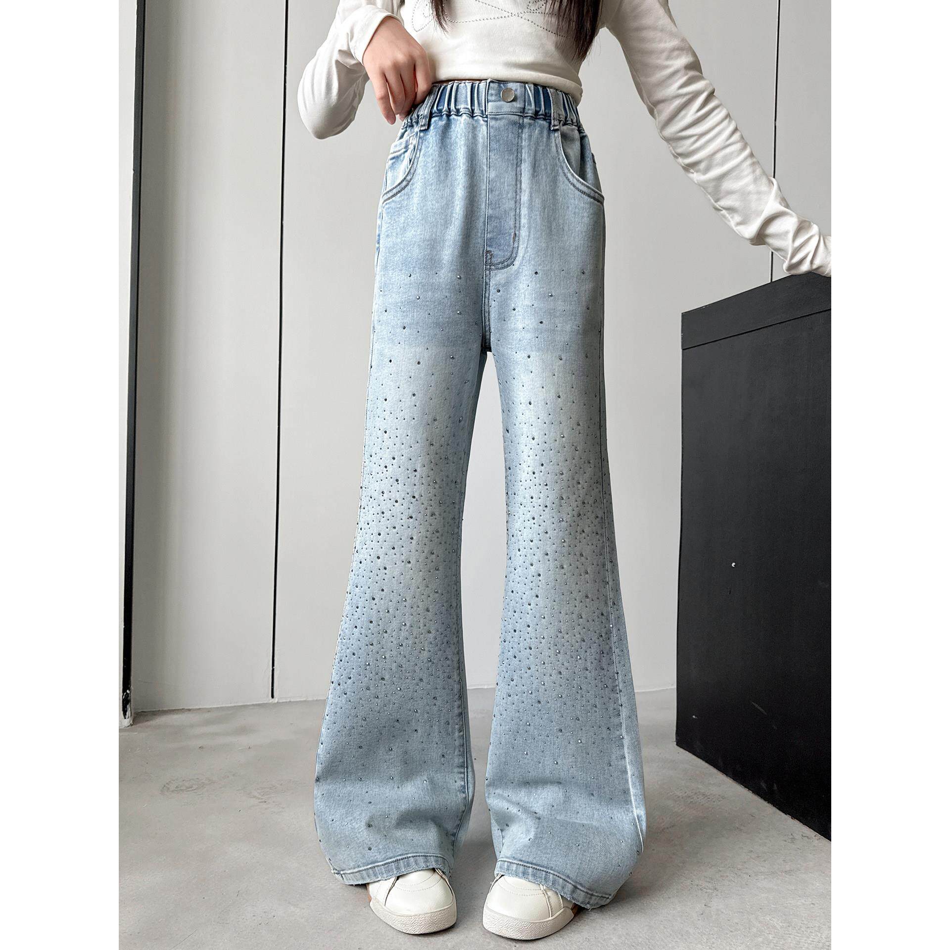 儿童牛仔裤韩版新款烫春装修身微喇裤弹力钻喇叭裤女童中大童2026