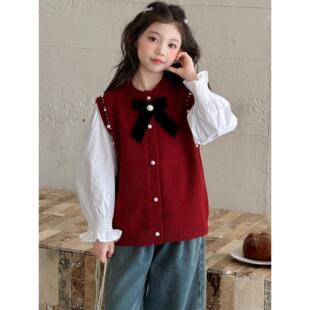 牛仔裤背心女童针织洋气衬衫马甲裤子珍珠2026三件套新款早春套装