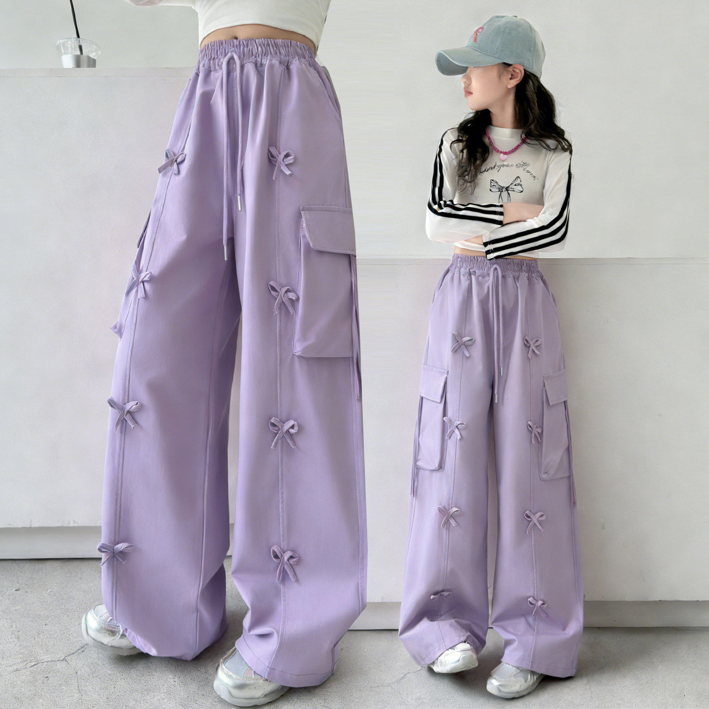 裤子春秋蝴蝶结直筒新款2026儿童女童潮酷休闲裤春季工装裤女大童