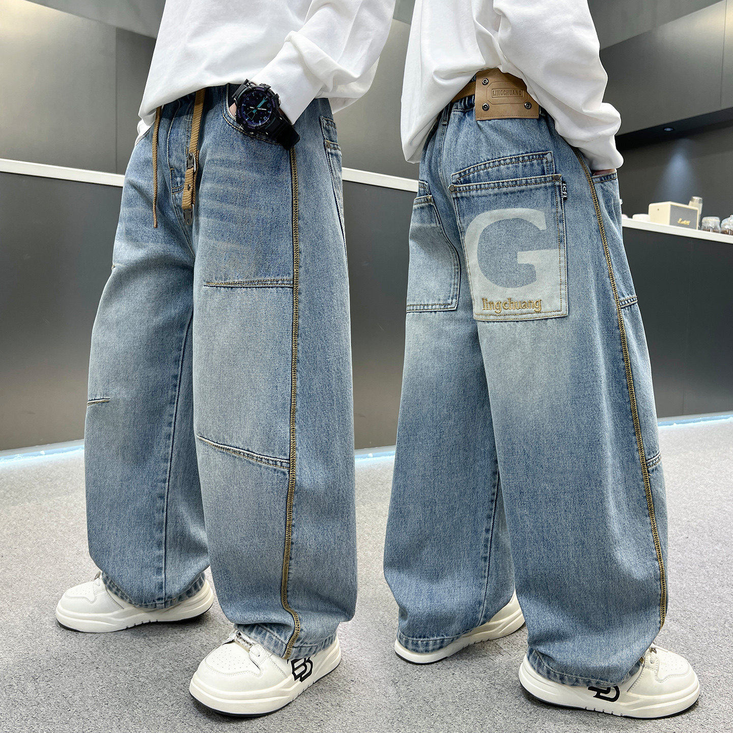 男童裤子直筒阔腿宽松帅气牛仔裤男孩年春款长裤2026蓝色潮流学生