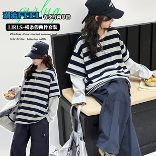 假运动搭穿两件套工装裤韩系春季两件春秋大童女童潮T恤休闲套装