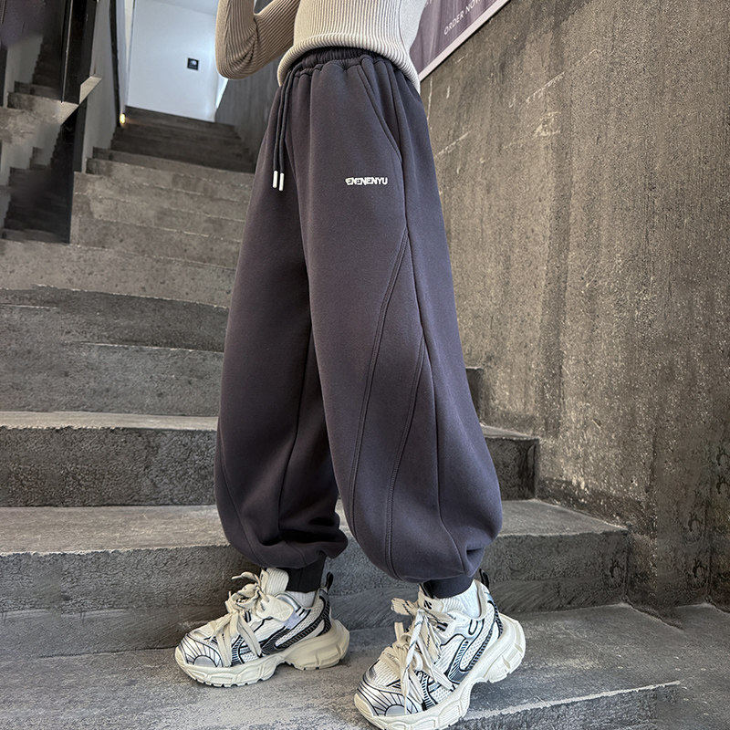 弯刀女童休闲裤运动抽绳新款针织束脚长灰色春秋季初中生裤子女孩