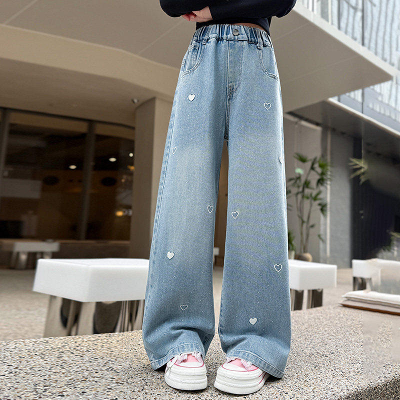 直筒裤子儿童新款浅色牛仔裤阔腿裤款2026洋气春季春秋女大童女童