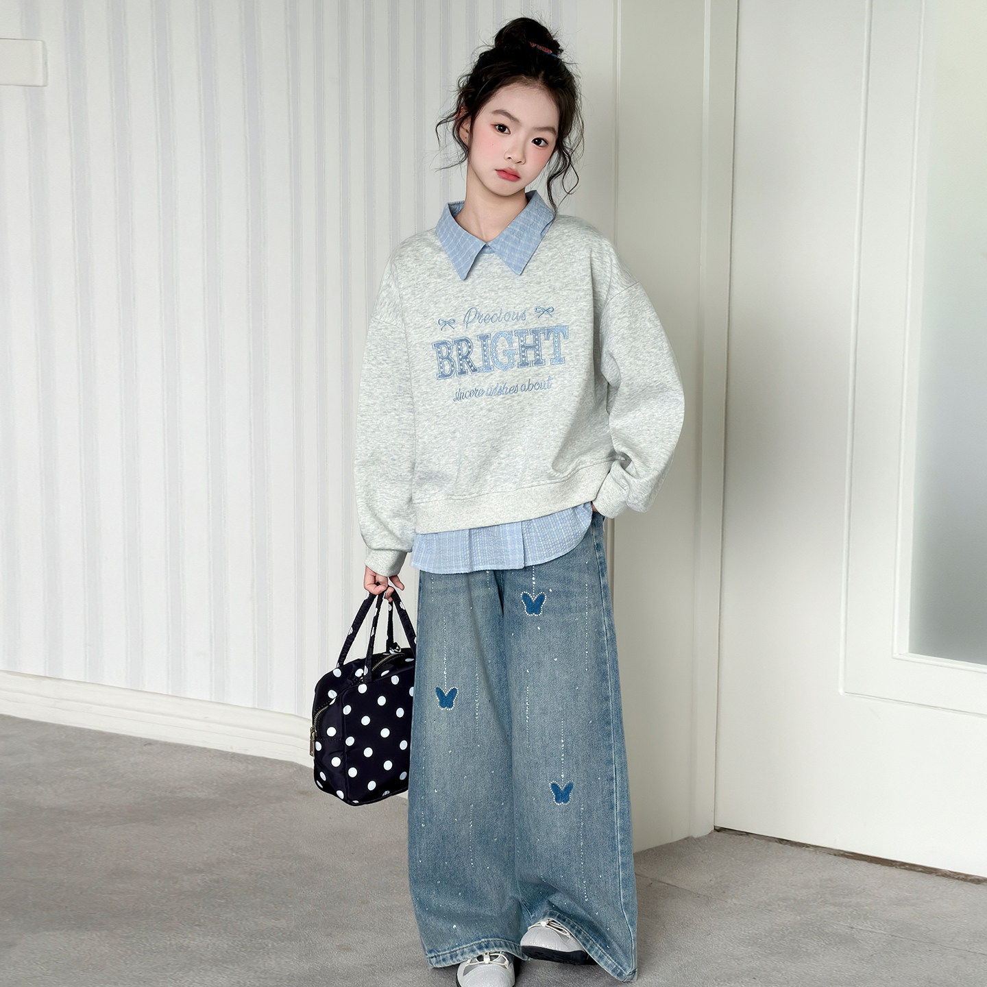 洋气女童大中卫衣衣服牛仔裤春季套装儿童2026两件套春秋新款春装
