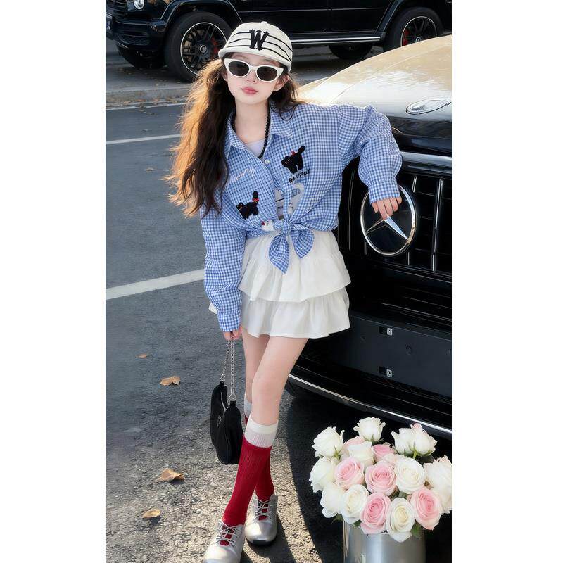 衬衣长袖儿童衬衫风中大童女童2026甜美新款外套学院春装格子蓝色