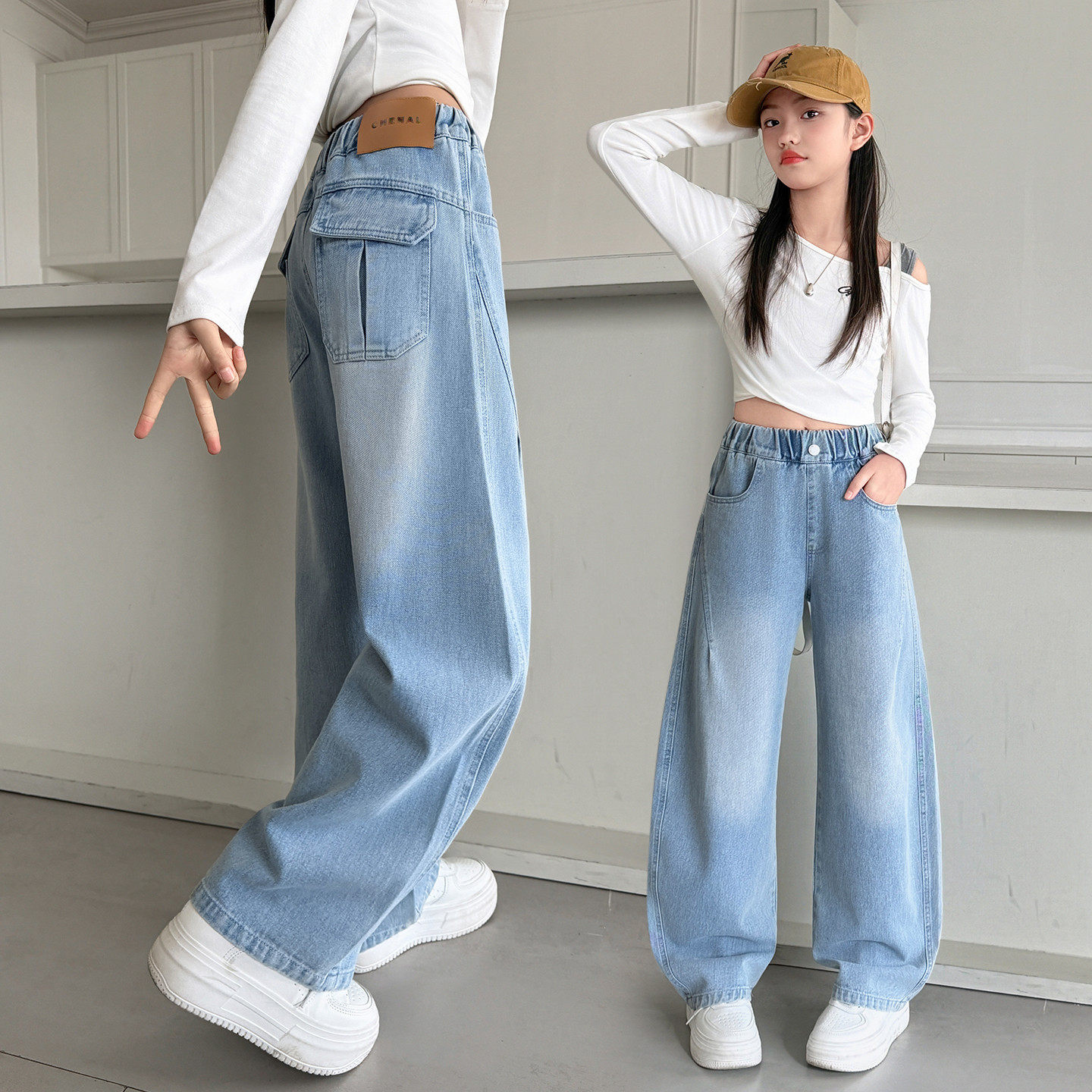 新款裤女童春季浅色弯刀中大童2026牛仔儿童学生裤子阔腿裤春秋装