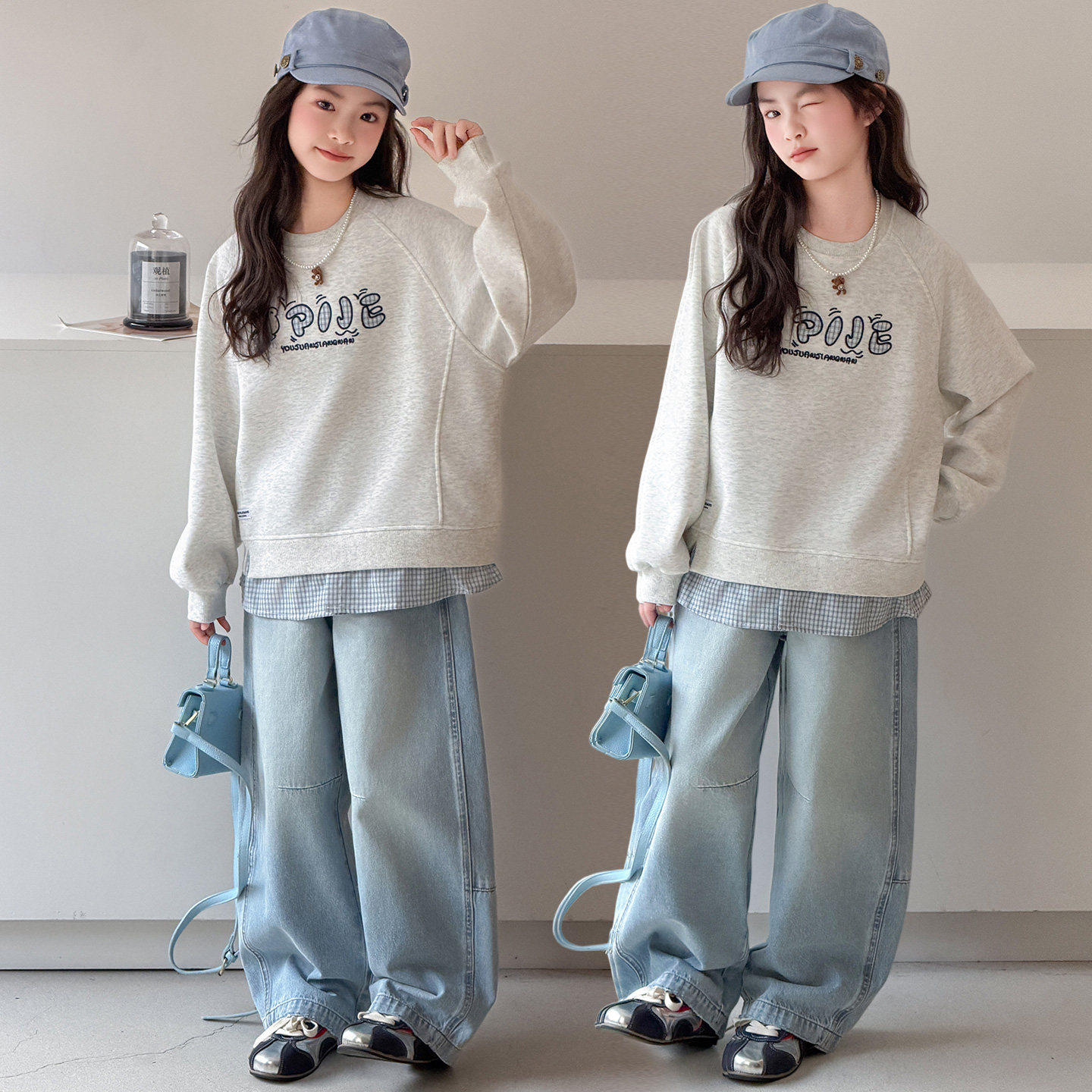 2026裤子套装早春上衣格子拼接卫衣中大童新款牛仔裤套装女童女孩