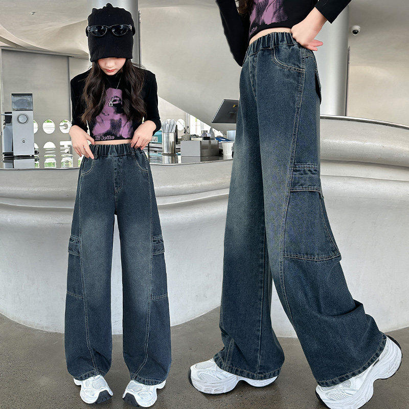 工装裤女童牛仔裤秋季儿童秋装休闲直筒裤子阔腿款时尚春秋中大童