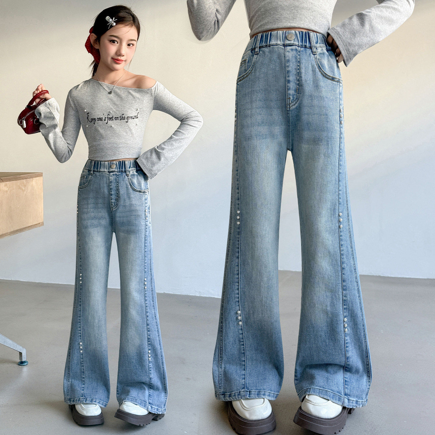 女孩裤子中大童韩版春季钉珠时尚春秋装牛仔裤女童弹力喇叭裤儿童