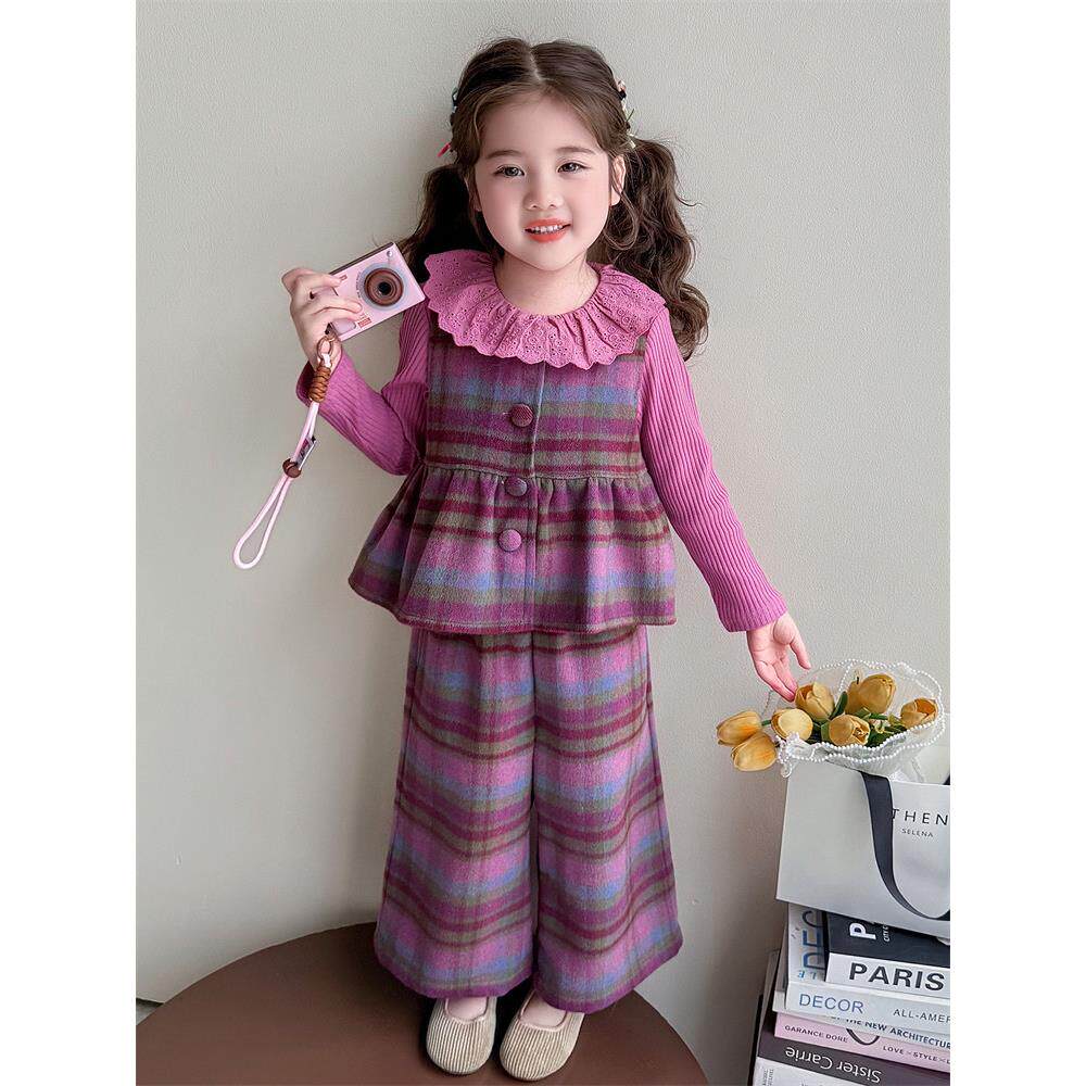 女背心休闲新款套装春装儿童2026女童格子时髦洋气三件套宝宝春季