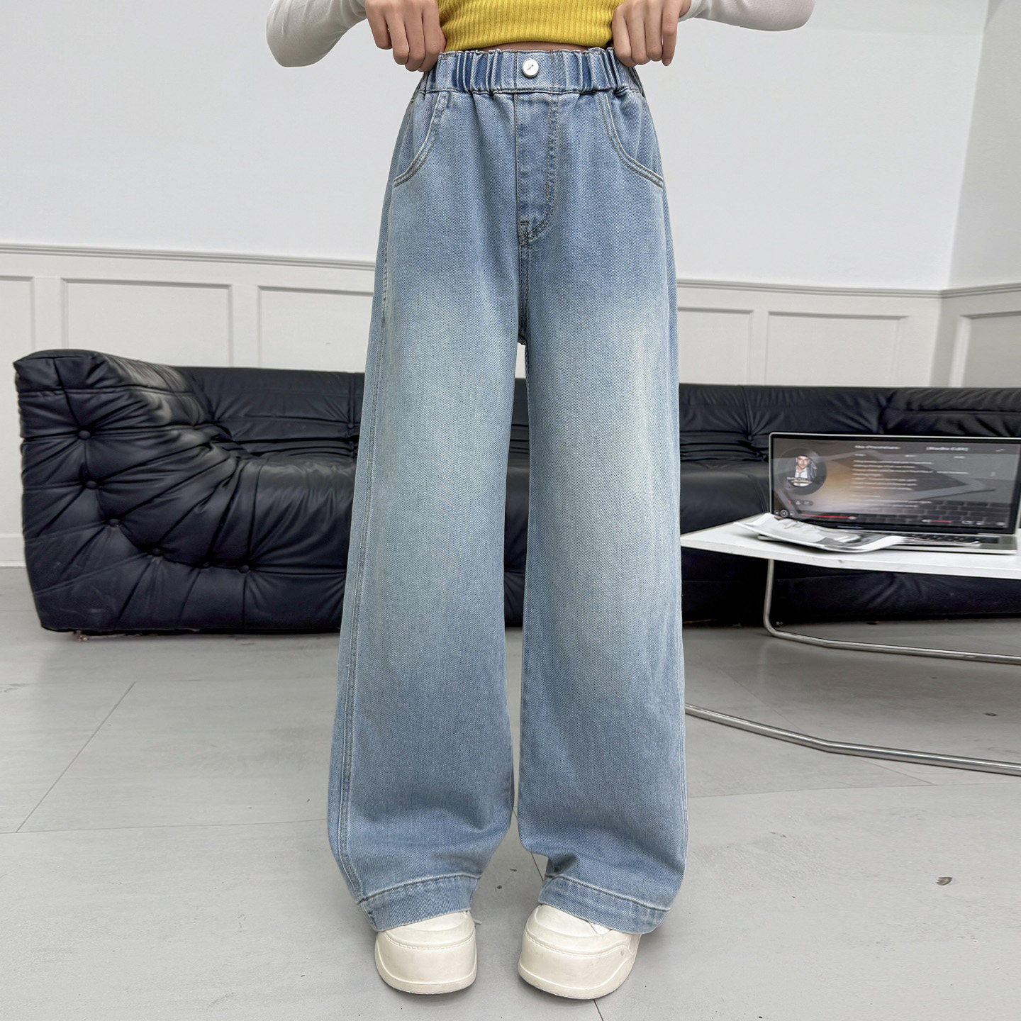 裤子阔腿浅蓝色新款春季女孩儿加长童装直筒牛仔裤中大童2026女童