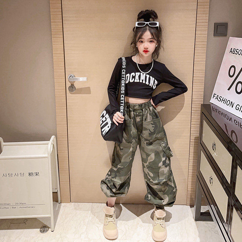 大童春秋儿童女童工装裤新款长裤春装女孩2026美式裤子军绿色迷彩