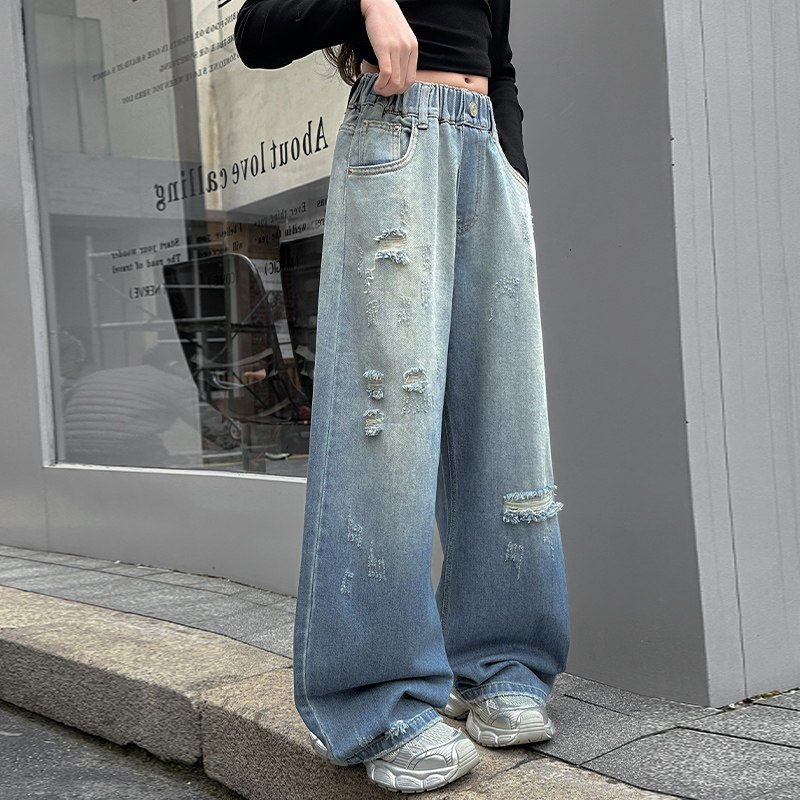直筒裤洋气破洞裤子腿牛仔裤2026儿童网红新款阔女大童女童春春秋