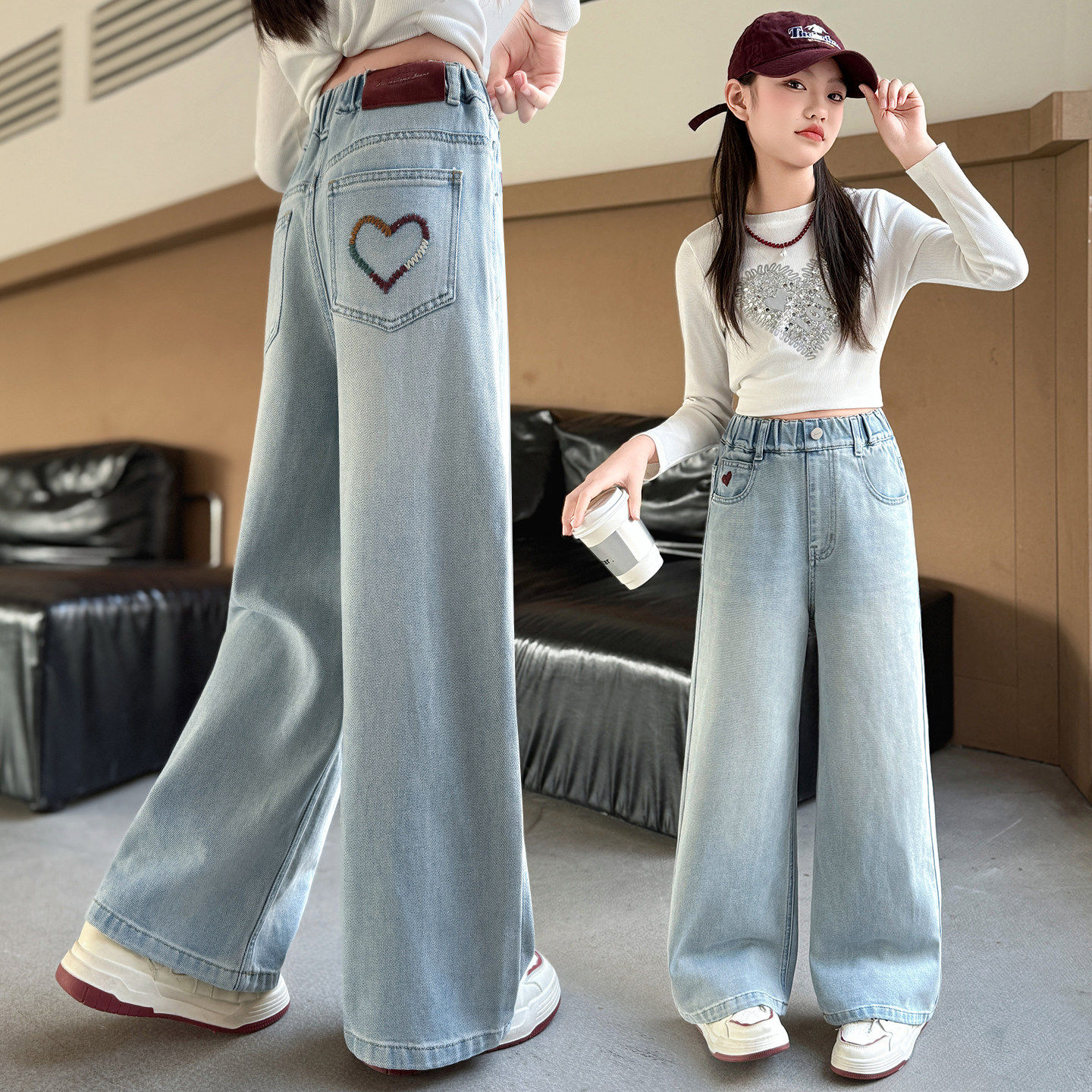 浅色春秋装好看2026新款牛仔裤女童中大童春季儿童长裤阔腿裤直筒