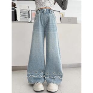阔腿裤 女童新款 儿童纹 子波浪2026绣花中大童洋气牛仔裤 春秋女孩裤