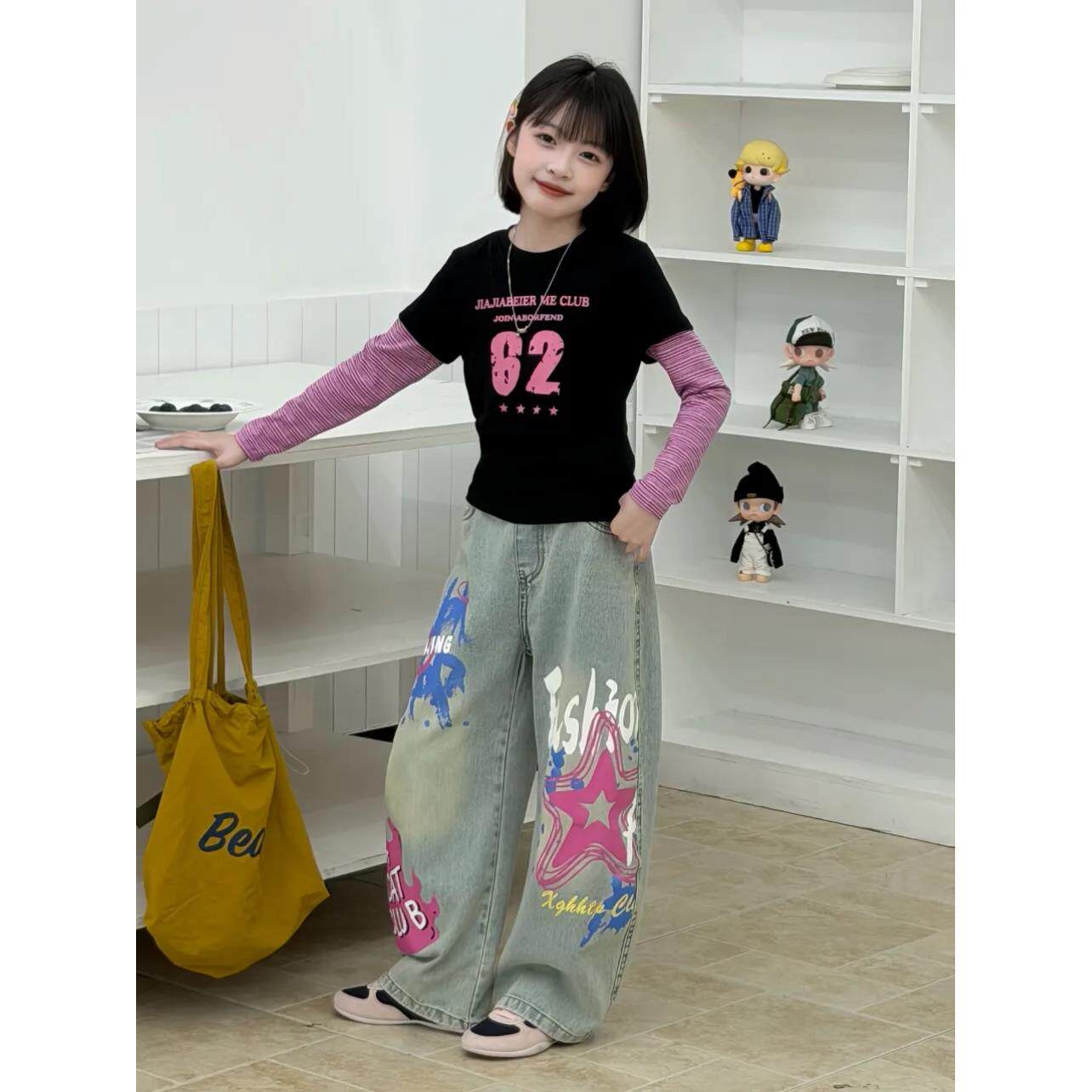 牛仔长袖春装套装两件新款打底衫假2026女童两件套阔腿裤涂鸦儿童